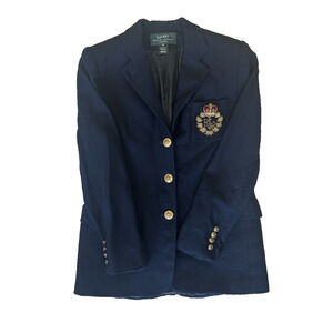 Vintage 90s Lauren Ralph Lauren Crest Wool Blazer Womens 6P Navy Preppy Flawed